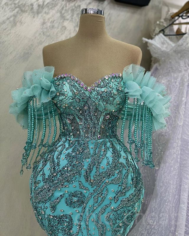 May 2023 Aso Ebi Urious Mermaid Prom Crystals Sequined Lace Evening Formal Party Second Reception Birthday Engagement Gowns Dress Robe De Soiree Zj173