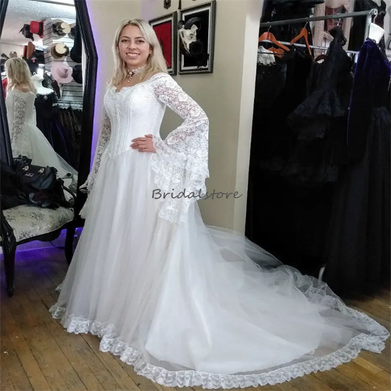 Stunning White Gothic Wedding Dress Corset Top Lace Up Boho Civil Greek Bridal Dresses Queen Flare Sleeves Korean Classic Bride Sexy Outdoor vestidos 