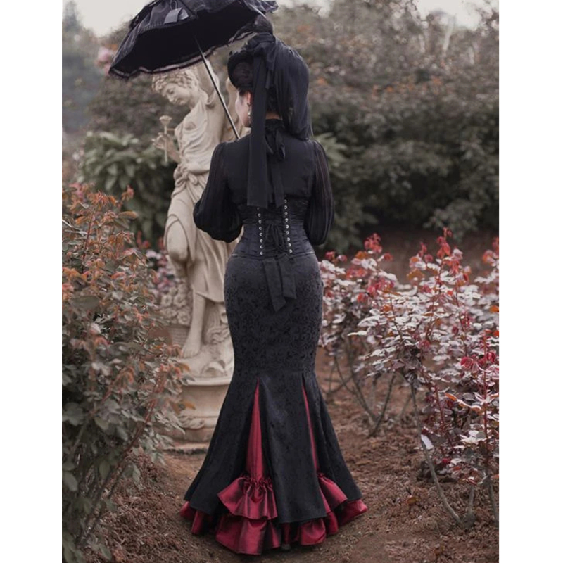 Gothic Black And Burgundy Prom Dresses Long Sleeves Mermaid Medieval Victorian Special Occasion Gowns High Neck Corset Plus Size Evening Dress For Wom