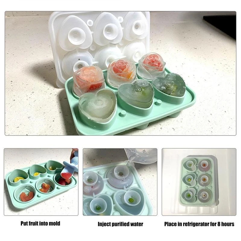 4/6 Cavity Rose Ice Cube Tray Heart Shape Silicone Ice Mold Jelly Pudding Ice Cream Mold Ice Ball Maker For Whiskey Cocktails Soda