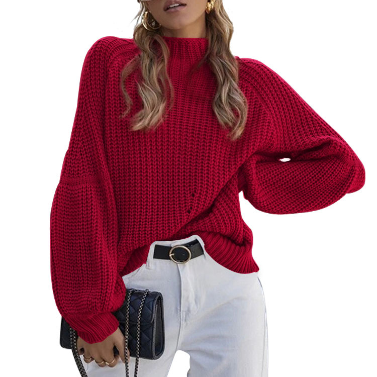 2023 European and American Autumn and Winter New Loose Half High Neck Knit Solid Color High Neck Sweater for Women