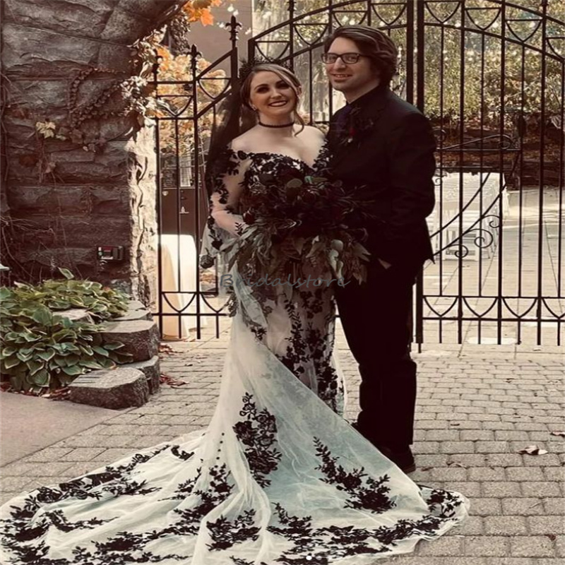 Chic Black Lace Gothic Wedding Dress 2023 Plus Size Long Sleeve Mermaid Country Garden Bridal Dresses With Train Elegant Bride robe de mariee Femme ve