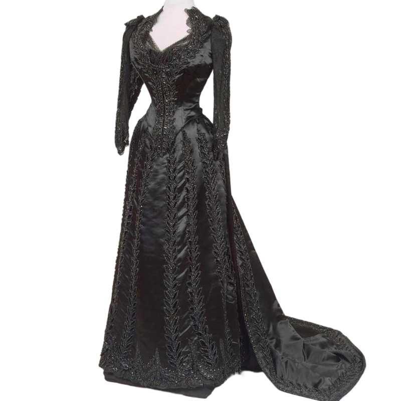 Vintage Black Gothic Prom Dresses Long Sleeves Medieval Victorian Masquerade A-Line Formal Evening Gowns Glitter Sequins Lace Appliques Women Cosplay 