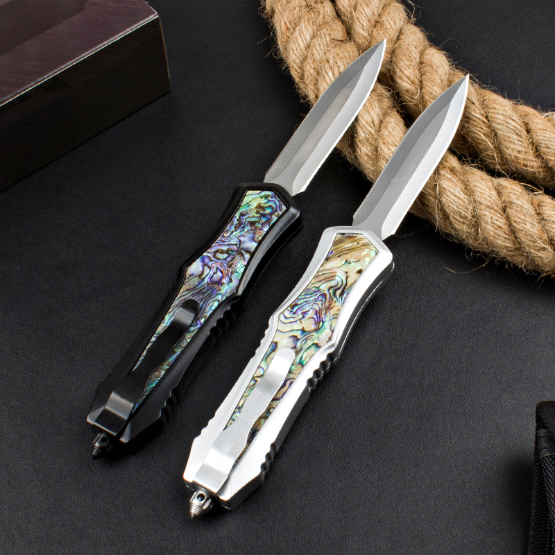 Top Quality Tactical Knife 440C Stone Wash Double Edge Spear Point Blade Zn-al alloy /Abalone shell Handle EDC Pocket Knives 2 Styles