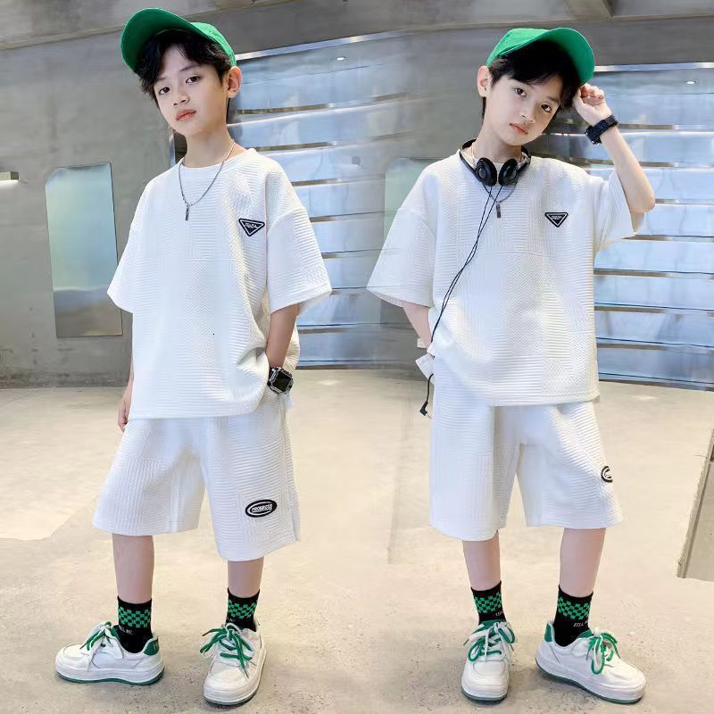 Clothing Sets 2pcs Kids Tracksuits Summer Solid Ribbed Big Boy Casual Sport Outfits Children Clothes TShirt Shorts Set 230506