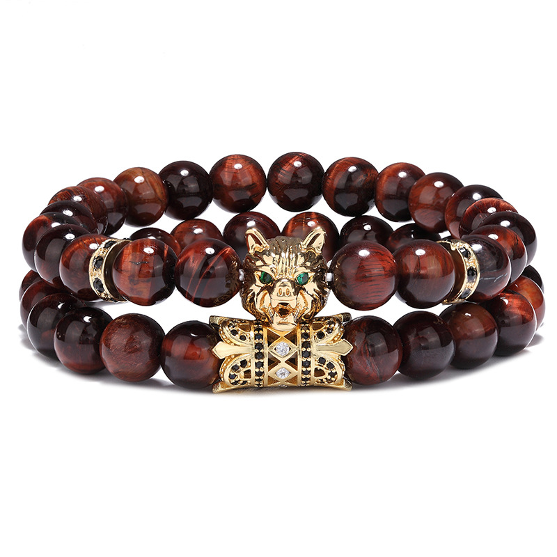 Natural Power Stone Red Tiger Eye Beads Wolf Head Animal Charm Bracelet