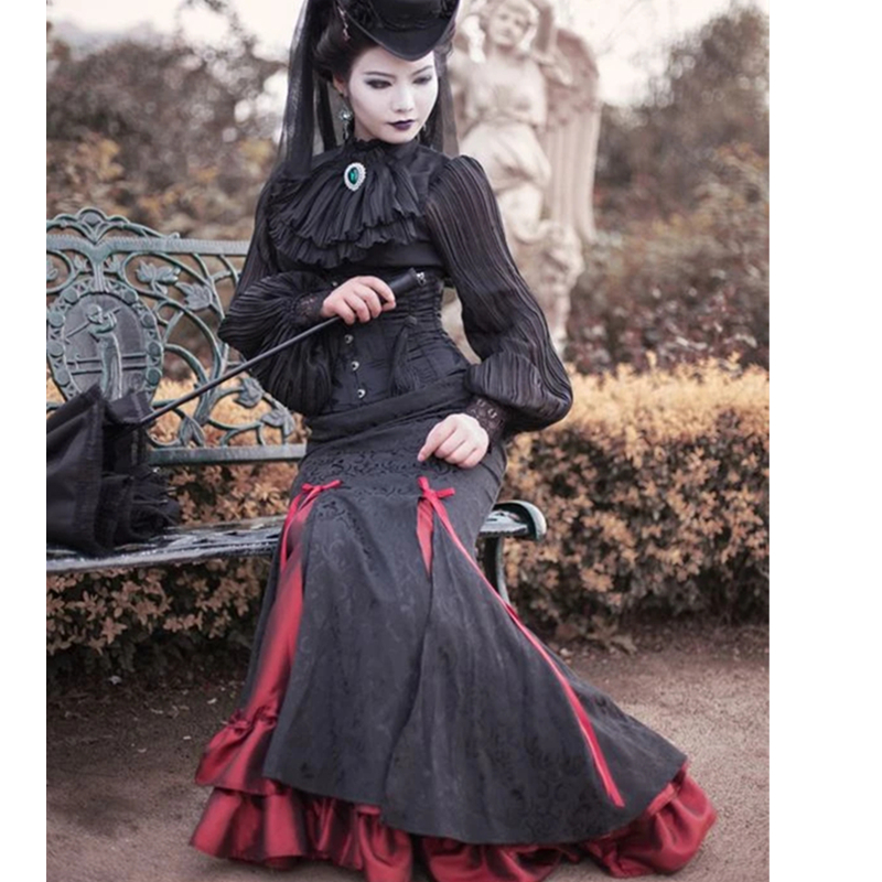 Gothic Black And Burgundy Prom Dresses Long Sleeves Mermaid Medieval Victorian Special Occasion Gowns High Neck Corset Plus Size Evening Dress For Wom