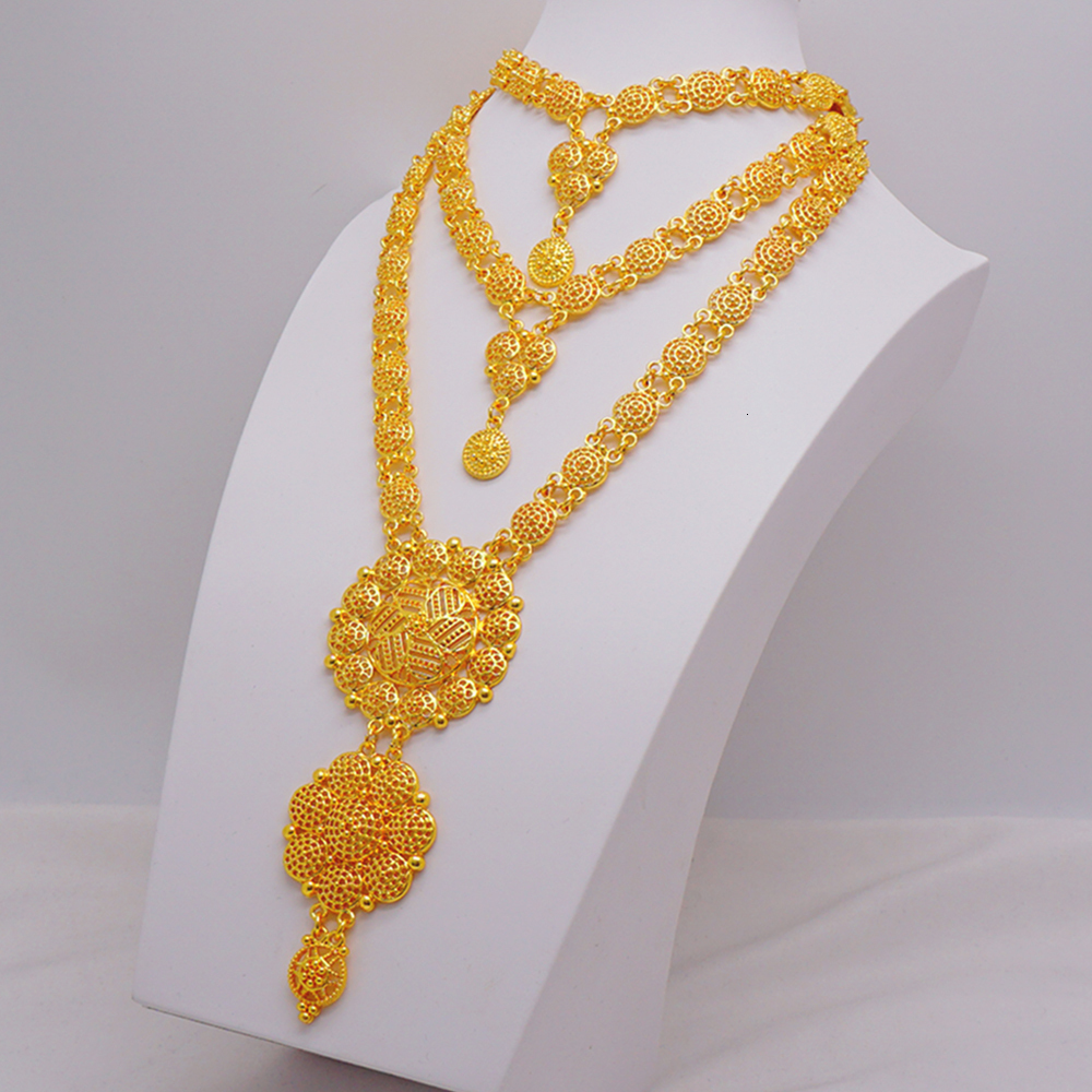 Pendant Necklaces Arabic Dubai Jewelry Set for Women Earrings Ethiopian African Long Chain Gold Color Necklace Wedding Bridal Gift 230506