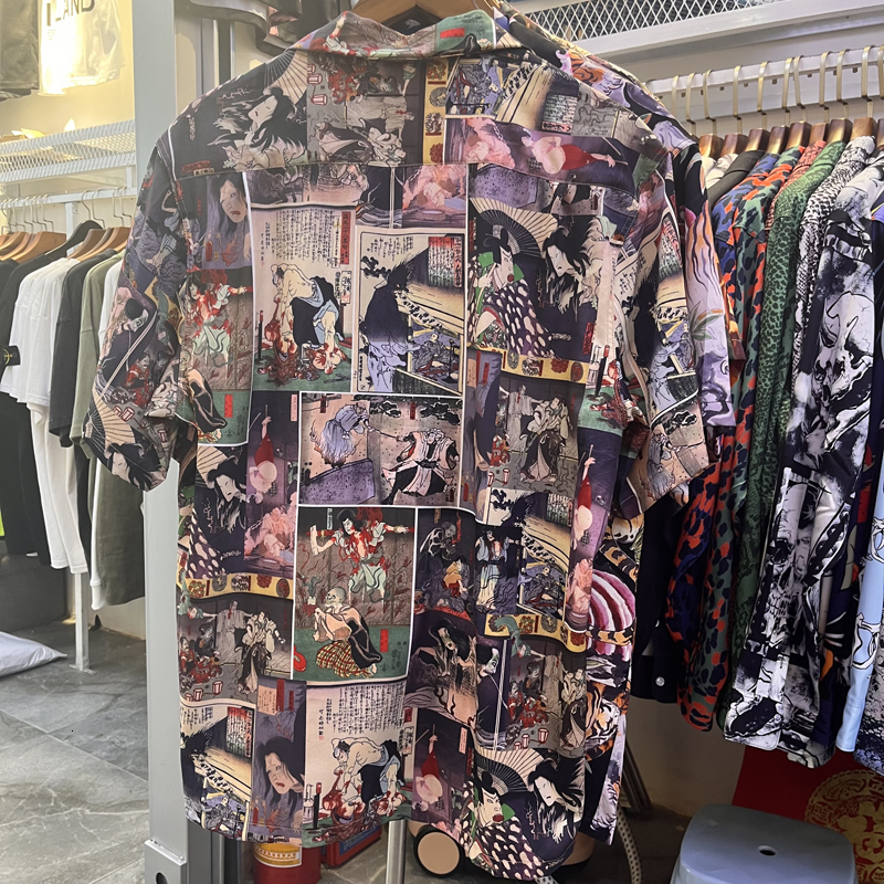 Men's Casual Shirts Drop WACKO MARIA Men Women Full Printing Comic Graffiti Short Sleeve Tops Oversize 230506