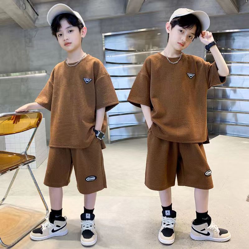 Clothing Sets 2pcs Kids Tracksuits Summer Solid Ribbed Big Boy Casual Sport Outfits Children Clothes TShirt Shorts Set 230506