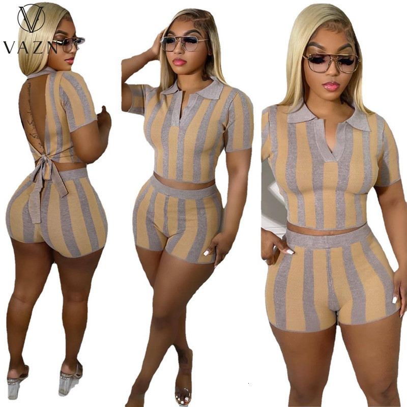 Women's Tracksuits VAZN Short Sleeve Lapel Top Elastic Pants Striped 2 Piece Sets Ladies Fashion Street Casual Style Women Set 230506