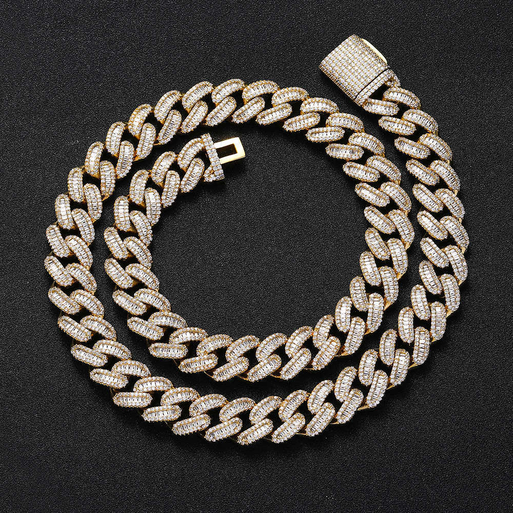 Luxury Hip Hop Cuban Necklace Bling Baguette Lab Diamond Silver Plated Iced Out Cuban Chain