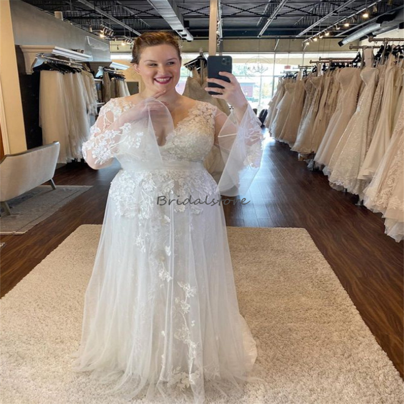 Fairy Plus Size Boho Wedding Dress 2023 With Lace Appliques V Neck Tulle Flare Long Sleeve Bohemain Bride Dresses Civil Korean Women vestidos de novia