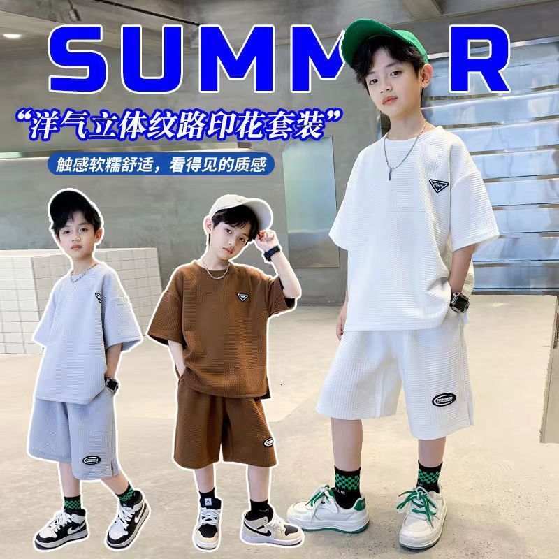 Clothing Sets 2pcs Kids Tracksuits Summer Solid Ribbed Big Boy Casual Sport Outfits Children Clothes TShirt Shorts Set 230506