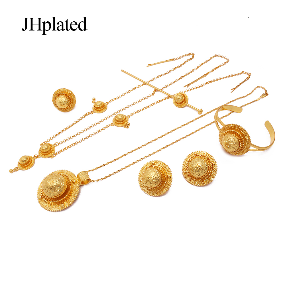 Pendant Necklaces Ethiopian gold plated bridal Jewelry sets Hairpin necklace earrings bracelet ring gifts wedding jewellery set for women 230506