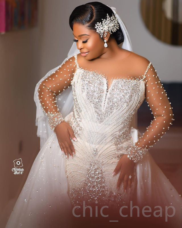 2023 Arabic Aso Ebi White Mermaid Wedding Dress Beaded Crystals Detachable Train Bridal Gowns Dresses ZJ6064