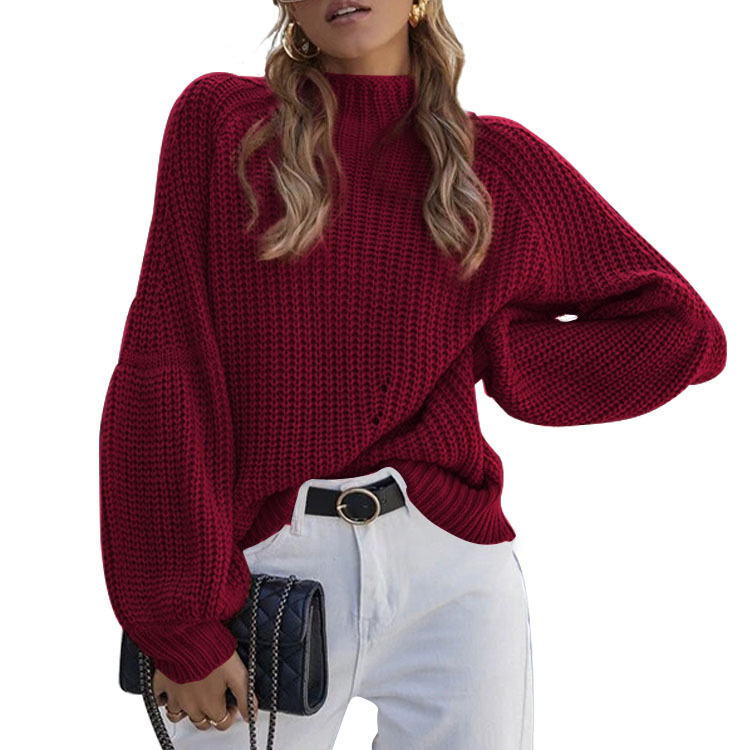 2023 European and American Autumn and Winter New Loose Half High Neck Knit Solid Color High Neck Sweater for Women