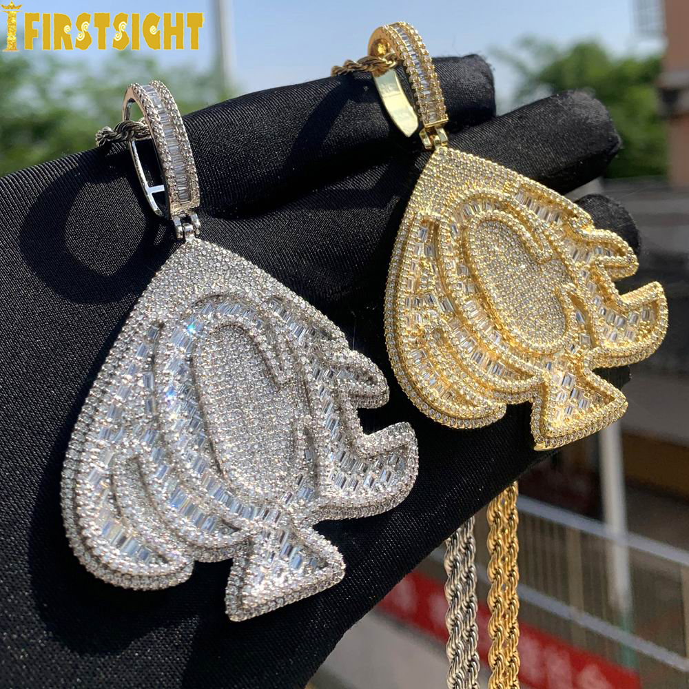 Pendant Necklaces Iced Out Bling Heart Letters ACE Gold Silver Color 5A Zircon Poker Charm Men s Hip Hop Jewelry 230506