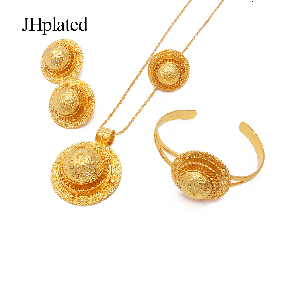 Pendant Necklaces Ethiopian gold plated bridal Jewelry sets Hairpin necklace earrings bracelet ring gifts wedding jewellery set for women 230506