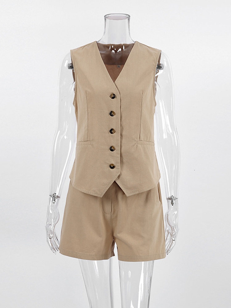 Women's Tracksuits 2023 Spring Summer Solid Khaki Office Shorts Set Outfits Vneck 2 Two Piece Matching Sets For 230506