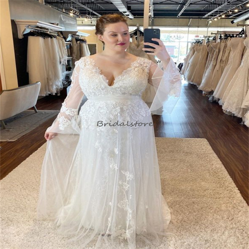 Fairy Plus Size Boho Wedding Dress 2023 With Lace Appliques V Neck Tulle Flare Long Sleeve Bohemain Bride Dresses Civil Korean Women vestidos de novia