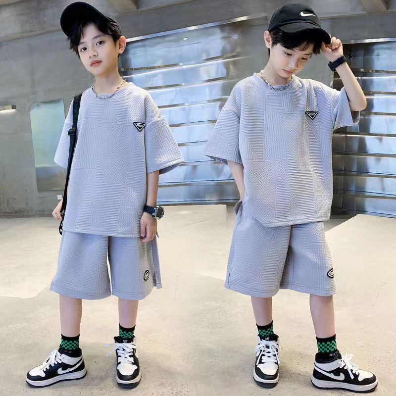 Clothing Sets 2pcs Kids Tracksuits Summer Solid Ribbed Big Boy Casual Sport Outfits Children Clothes TShirt Shorts Set 230506