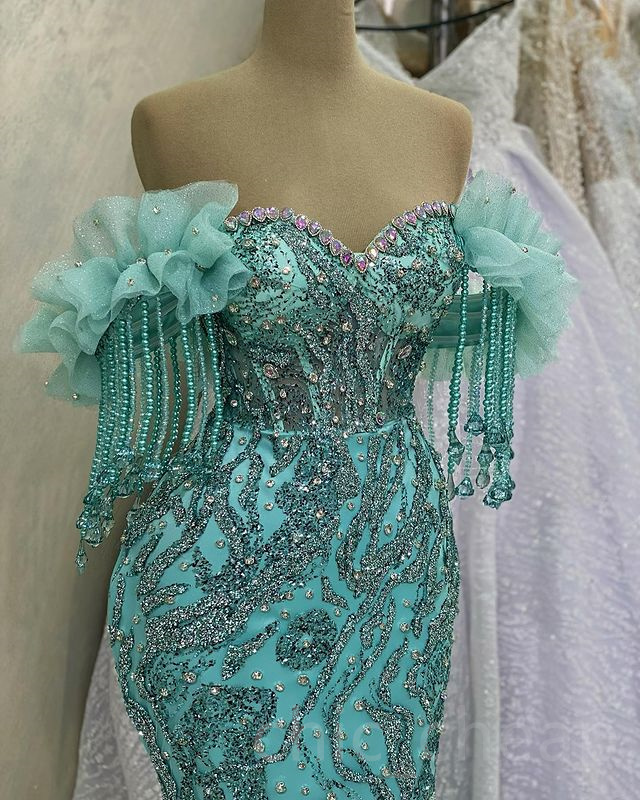 May 2023 Aso Ebi Urious Mermaid Prom Crystals Sequined Lace Evening Formal Party Second Reception Birthday Engagement Gowns Dress Robe De Soiree Zj173