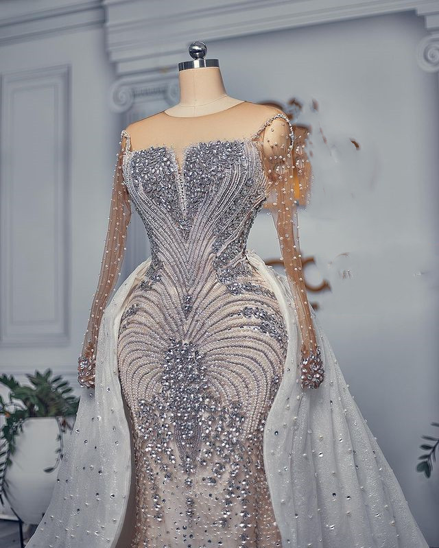 2023 Arabic Aso Ebi White Mermaid Wedding Dress Beaded Crystals Detachable Train Bridal Gowns Dresses ZJ6064