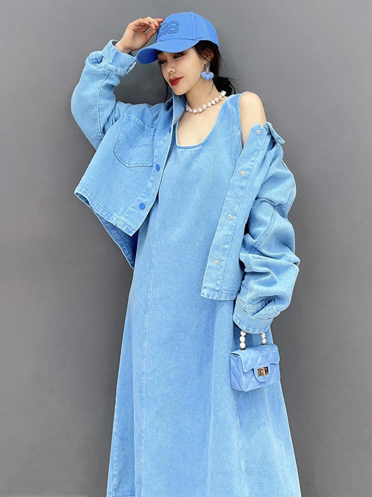 Two Piece Dress SHENGPALAE 2 Set Korean Fashion Denim Coat Top And Sleeveless Casual Loose Women Clothes 2023 Spring 5R1830 230506