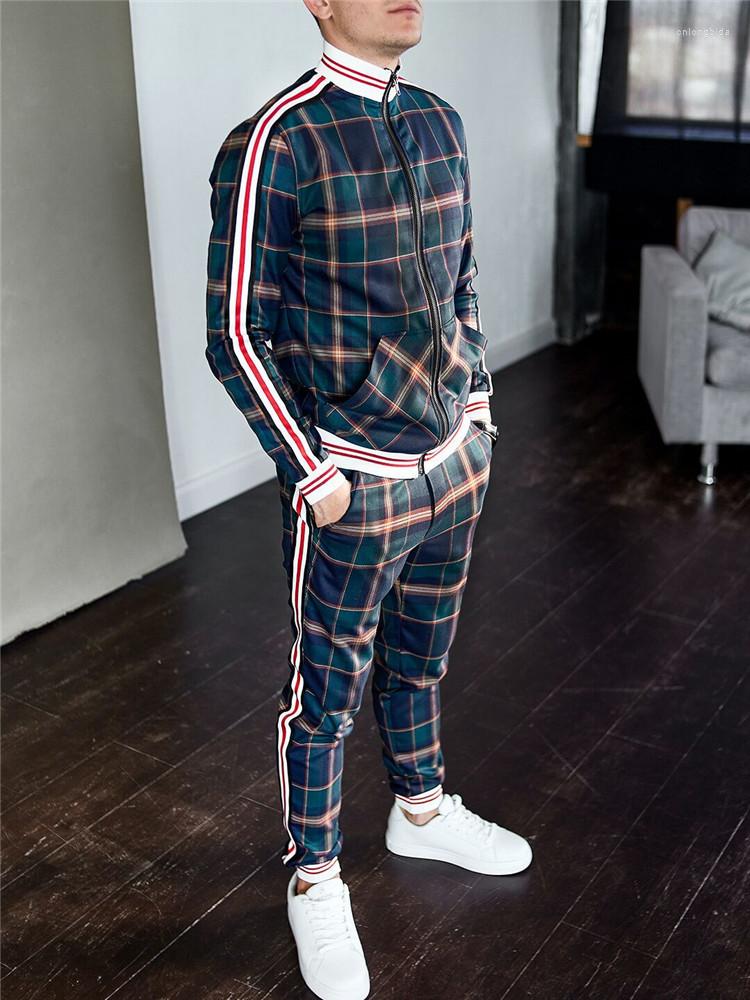 Mens Tracksuits Nwe Mens Sets 2 Pieces Tracksuit Clothing Jackets Pants Pullover Sportwear Gentlemen Plaid Suit Casual Europe M-3XL