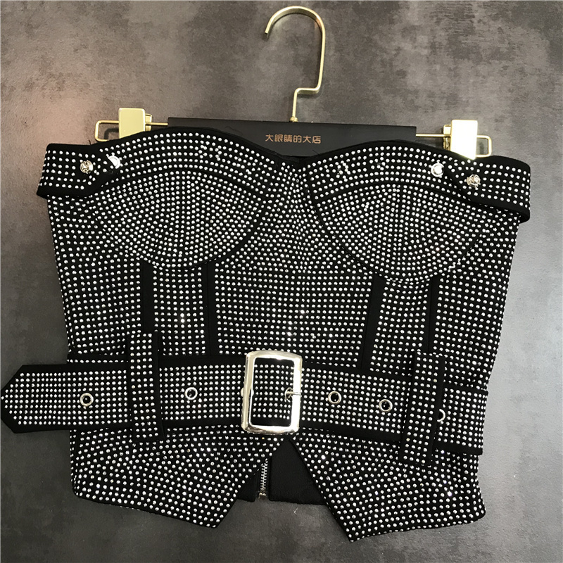 Two Piece Dress PREPOMP Sleeveless Strapless Diamonds Black Slim Tank Top Vest Short Bodycon Skirt Belt Set Outfits GH708 230506