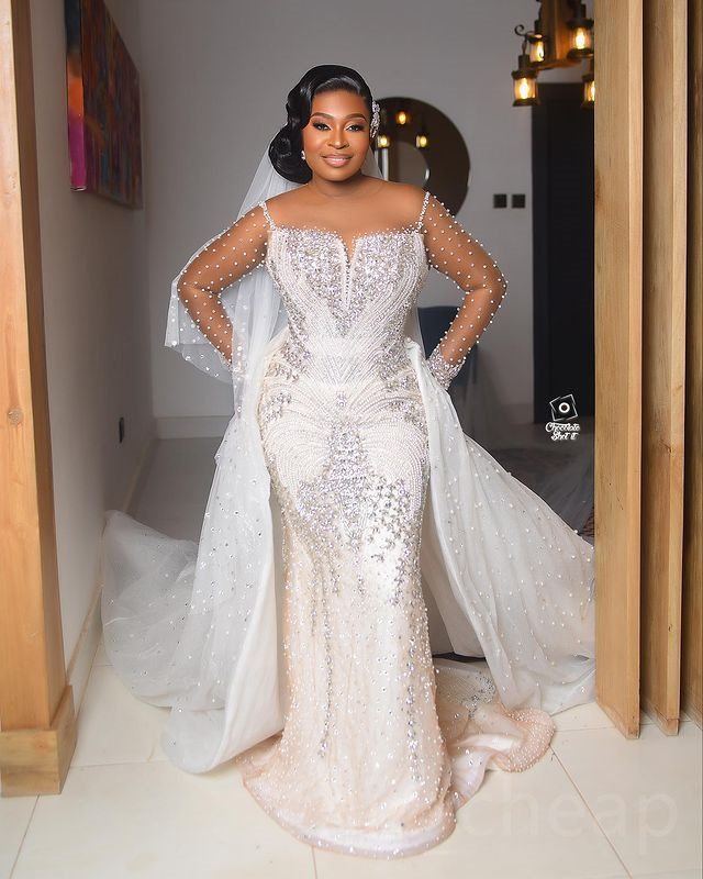 2023 Arabic Aso Ebi White Mermaid Wedding Dress Beaded Crystals Detachable Train Bridal Gowns Dresses ZJ6064