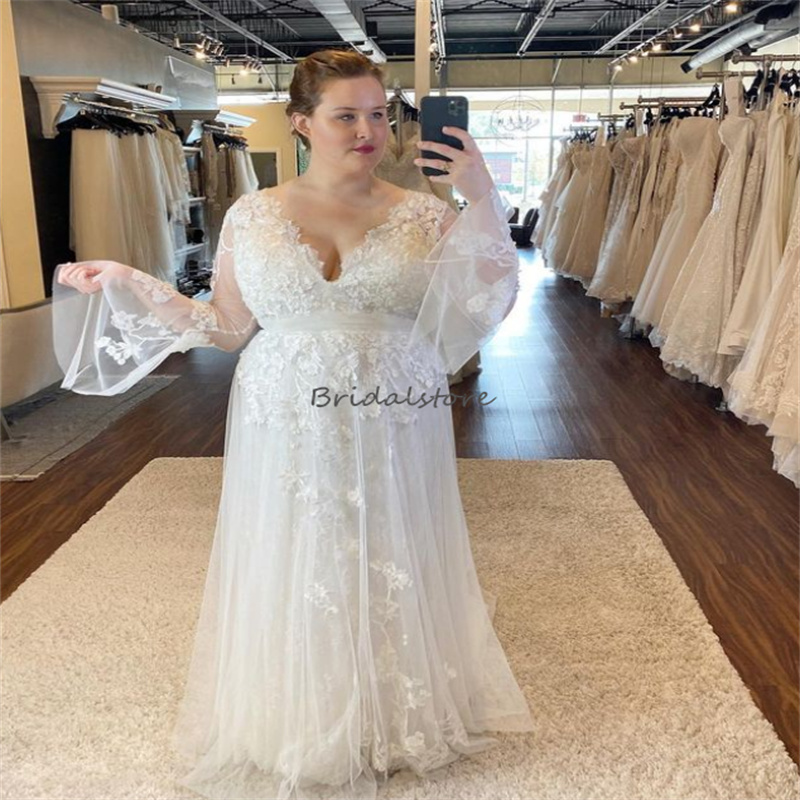 Fairy Plus Size Boho Wedding Dress 2023 With Lace Appliques V Neck Tulle Flare Long Sleeve Bohemain Bride Dresses Civil Korean Women vestidos de novia