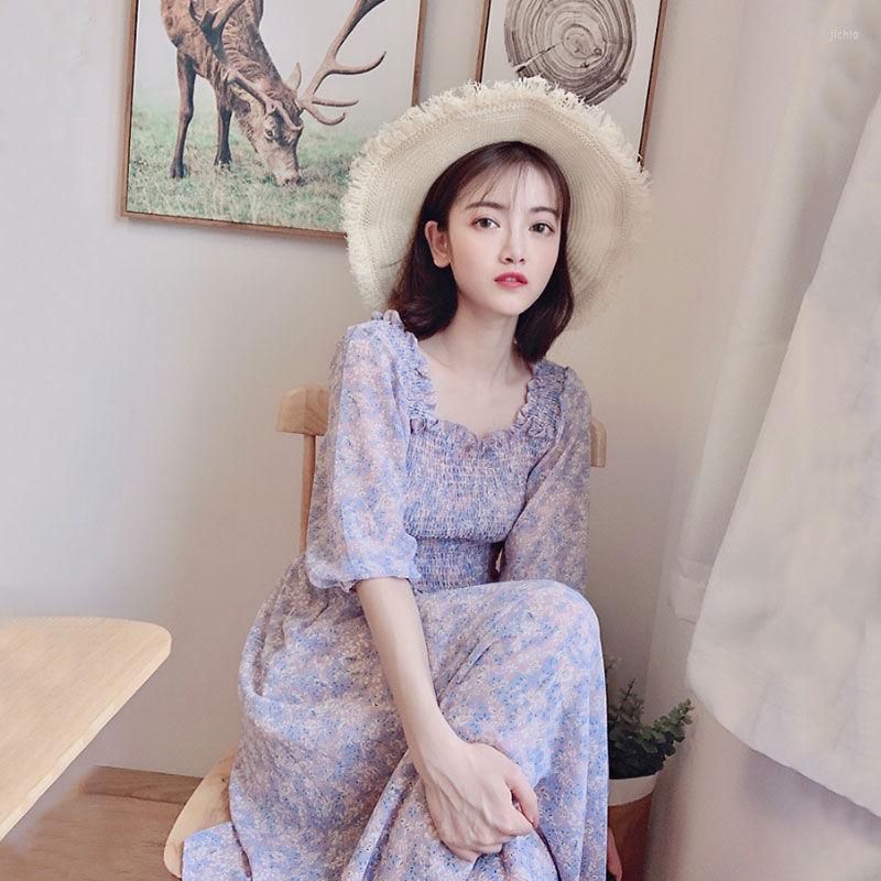 Casual Dresses Women Summer Chiffon Long Maxi Dress Vintage Square Collar Female Purple Holiday Lady Beach Boho Vestidos