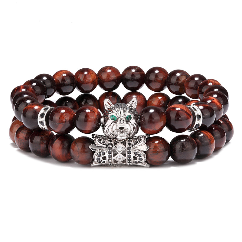 Natural Power Stone Red Tiger Eye Beads Wolf Head Animal Charm Bracelet