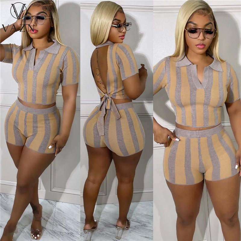 Women's Tracksuits VAZN Short Sleeve Lapel Top Elastic Pants Striped 2 Piece Sets Ladies Fashion Street Casual Style Women Set 230506