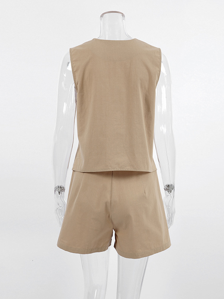 Women's Tracksuits 2023 Spring Summer Solid Khaki Office Shorts Set Outfits Vneck 2 Two Piece Matching Sets For 230506