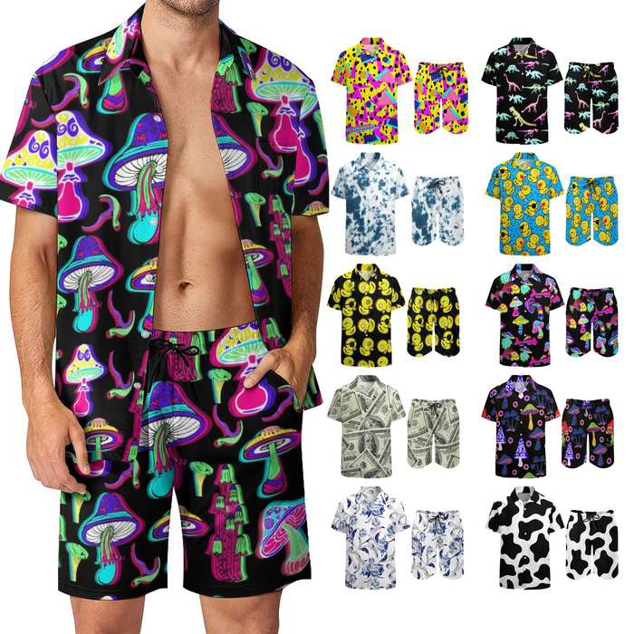 Men s Tracksuits Psychedelic Magic Mushroom 2 Piece Tracksuit Hawaiian Shirt Shorts Button Down and Sets 230508