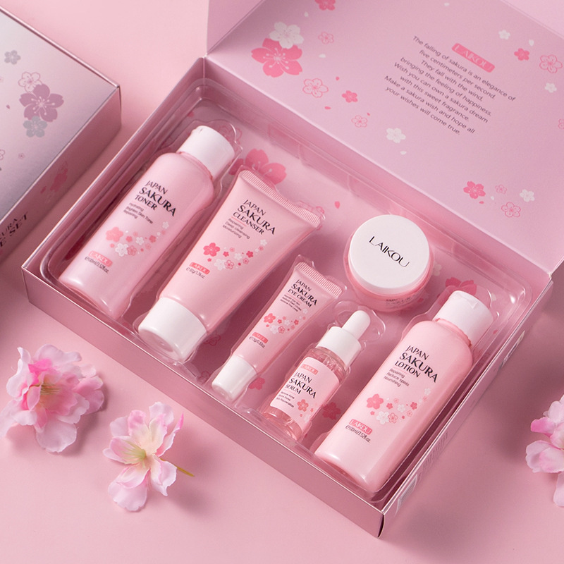 Cherry Blossom Sakura Skin Care Set Collagen Eye Cream Serum Facial Cleanser Toner Facial Cream Beauty Makeup 6pcs/set Gift Box
