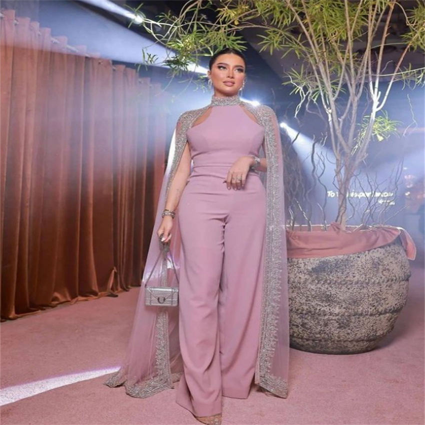 Luxury Dusty Pink Prom Jumpsuit Dress 2023 Elegant Dubai Arabic Outfit Korean Evening Dress With Cape Turkey Women Birthday Wear Vestidos De Fiesta Fo