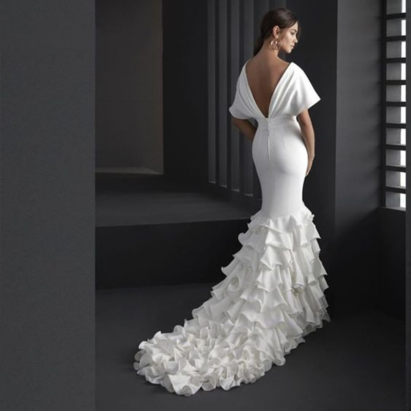 Fresh flamenco Air Wedding Dresses Modern Crepe Draped Sleeve Illusion v-neck Floral Mermaid Boho Beach Bridal Gowns