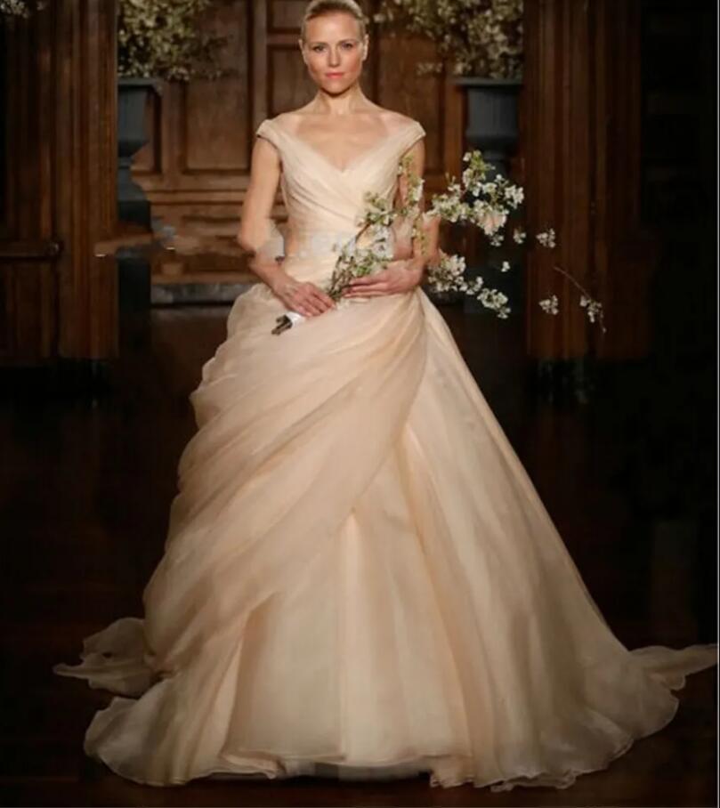 Champange Pink Princess Wedding Dresses Long V Neck Side Draped Princess lace-up corset Bride Bridal Gowns Vestido De Novia