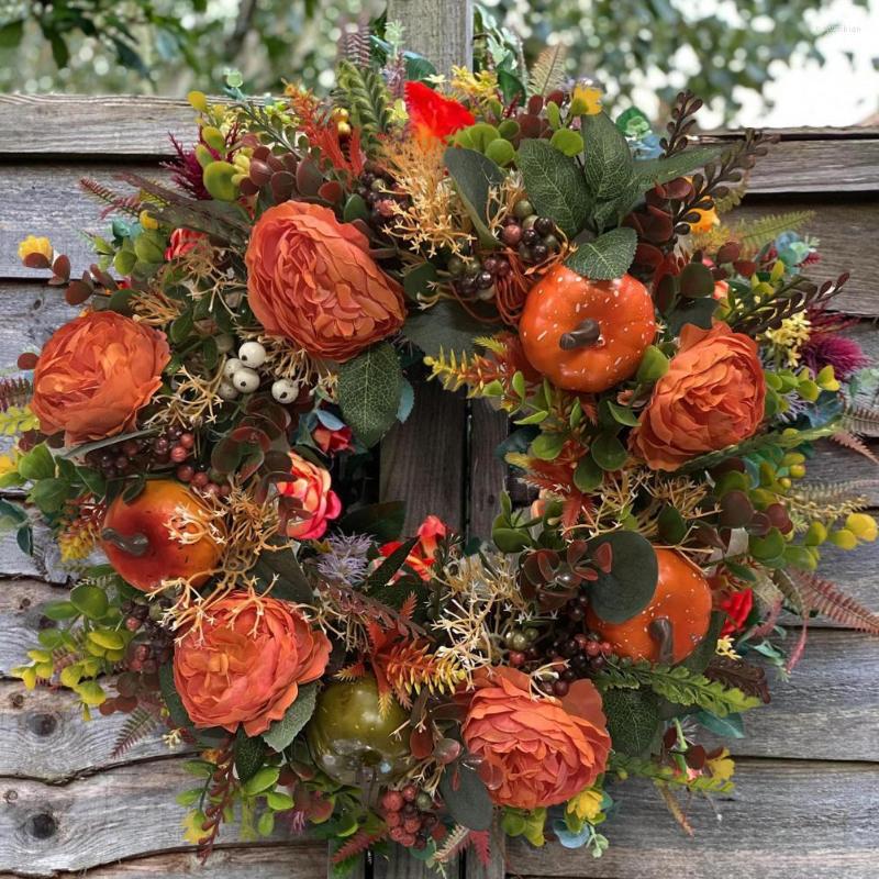 Decorative Flowers Autumn Door Wreath Christmas Halloween Thanksgiving Decoration Pumpkin Berry Pine Cone Maple Artificial Home Decor