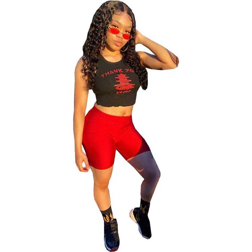 Womens Letter Printed Tracksuit Bodycon Two Piece Set Crop Top Bike Shorts Casual Sportswear Contrast Color Tee Pants Set Yoga Outfits