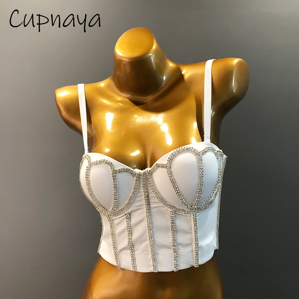 Camisoles Tanks Cupnaya Handmade Women Glitter Diamante Crop Top Sexy PushUp Bustier Clubwear Short Corset Bralette Inner Tube Vest Black White 230508