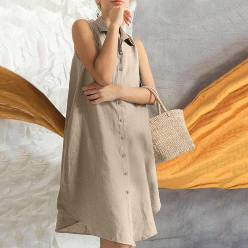 Casual Dresses Womens Loose Sleeveless Large Size Cotton Linen Mini Dress Summer Turn Down Neck Solid Color Holiday Beach Shirt Robe