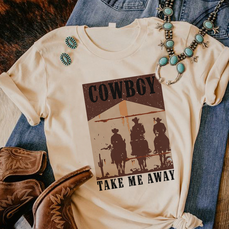 Women's T-Shirt hahayule Cowboy Take Me Away Women's Western Vintage T-Shirt Summer Cowgirl Country Music Funny T Shirts Retro Boho Tops Tee