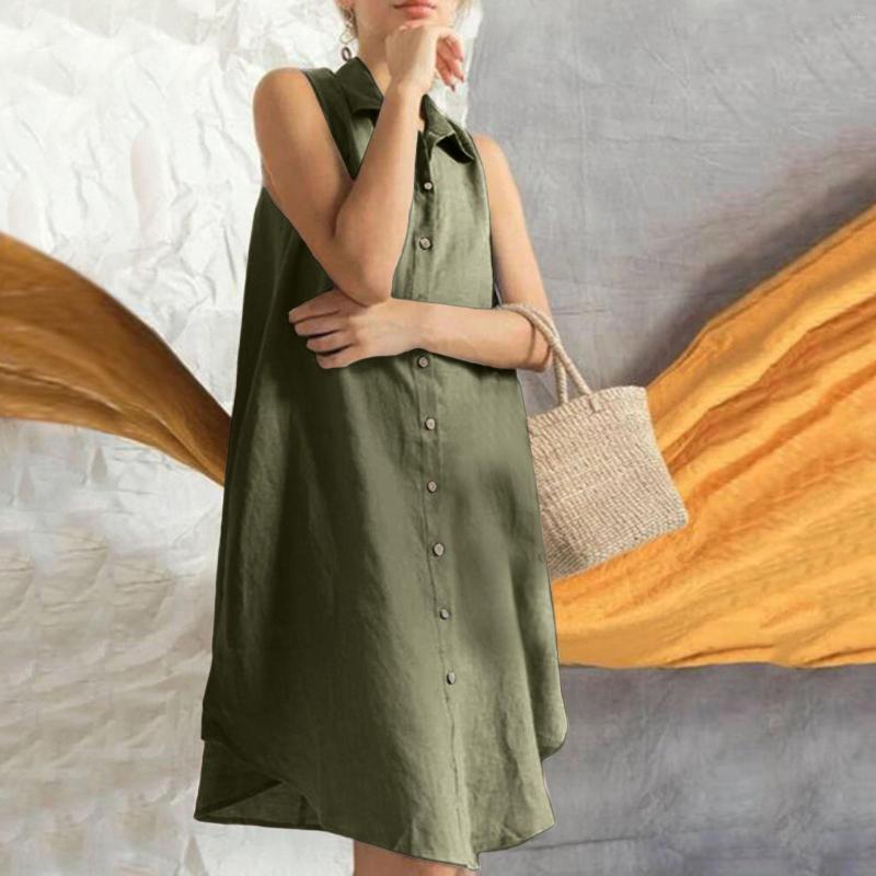 Casual Dresses Womens Loose Sleeveless Large Size Cotton Linen Mini Dress Summer Turn Down Neck Solid Color Holiday Beach Shirt Robe