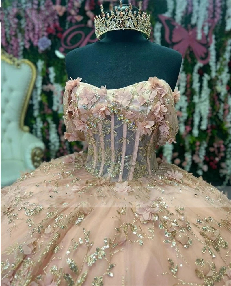 Design Cute New 2023 Princess Quinceanera Off Shoulder Sparkly Flower Appliques Beads Ball Gown Sweet 16 Dresses 322