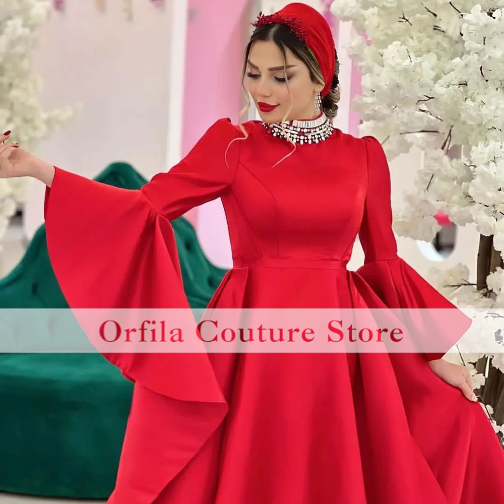 Dubai Muslim Evening Dress 2023 Long Sleeves Satin Arabic Prom Party Gowns Exquisite Robe De Soiree